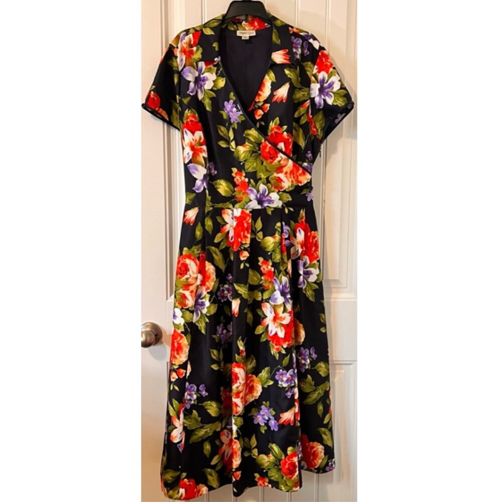 Coldwater Creek Floral Wrap Midi Dress 16 Regular Black Red Rose Cottagecore Ret